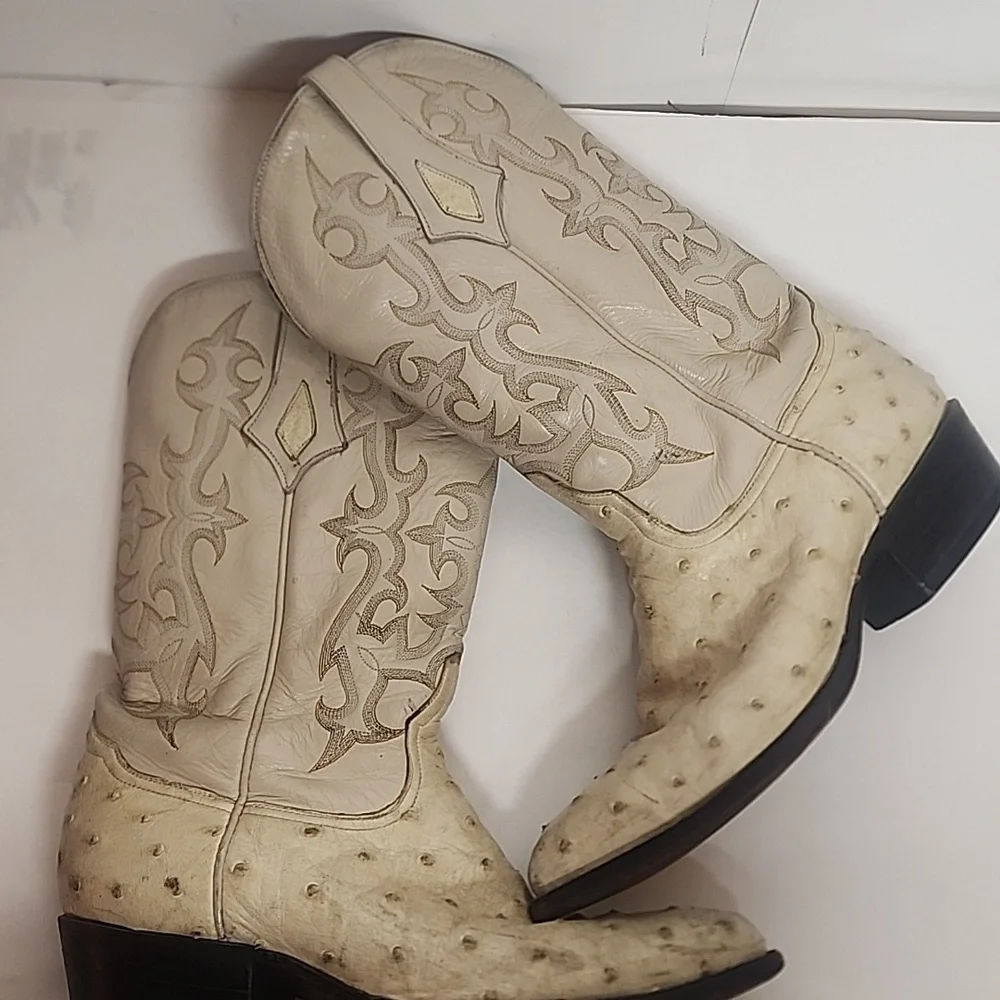 Diego Vintage Made In USA Beige Ostrich Leather Rare Find Western Cowboy Boots